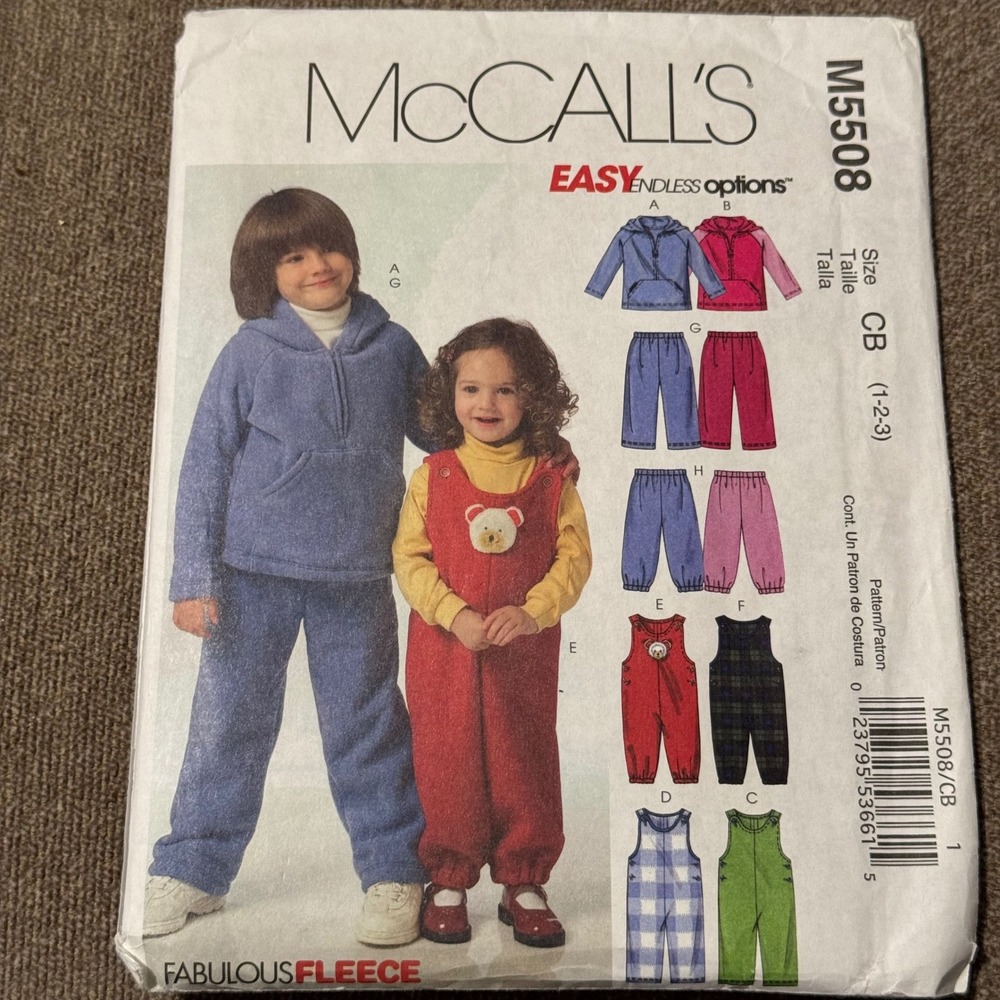 McCalls M5508 Toddler Sewing Pattern Hoodie Pants Jumpsuit Size 1-2-3 Uncut